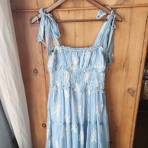 Sky Blue Maxi Dress with White Embroidery